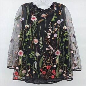 entro Black Sheer Floral Embroidered Blouse